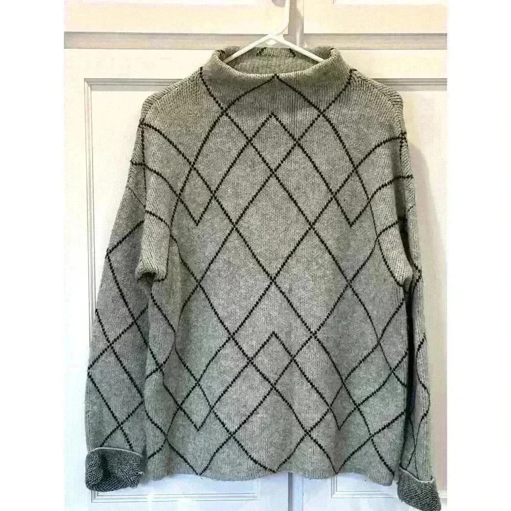 Christian Siriano Black Gray Sweater Medium Soft Mock neck Marino Wool Blend